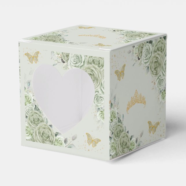 Sage Green Floral Gold Schmetterlinge Quince XV Mi Geschenkschachtel (Vorderseite)