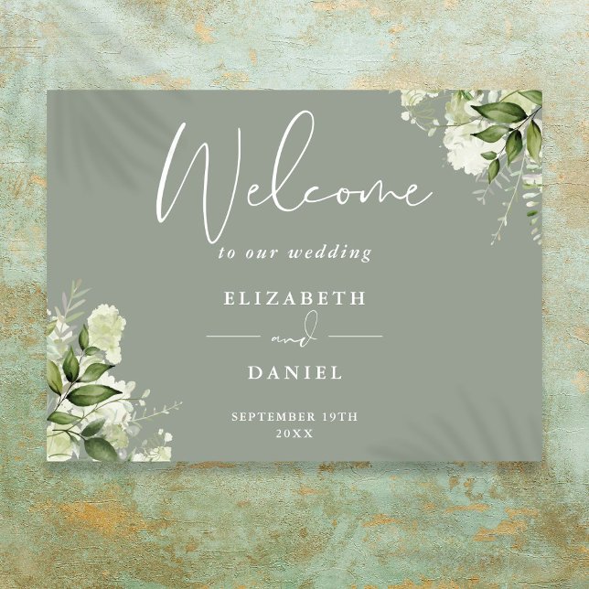 Sage Green Floral Greenery Mariage Affiche de bien (Sage Green Floral Greenery Wedding Welcome Sign)