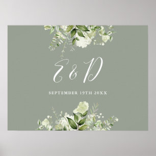 Sage Green Floral Greenery Monogram Sign Poster