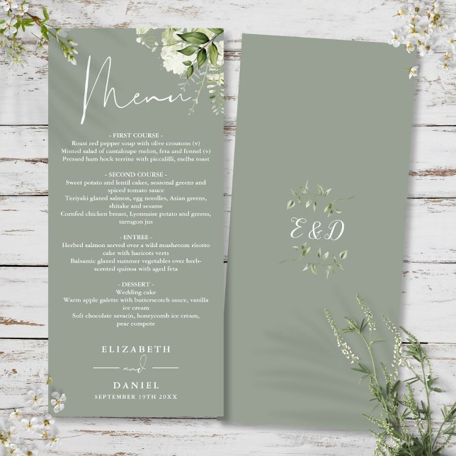 Sage Green Floral Greenery Monogram Wedding Dinner Menükarte (Sage Green Floral Greenery Monogram Wedding Dinner Menu)