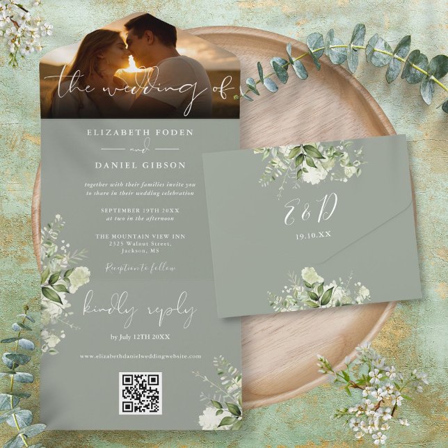 Sage Green Floral Greenery QR Code Hochzeitscodier All In One Einladung (Sage Green Floral Greenery QR Code Wedding Photo All In One Invitation)
