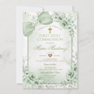 Sage Green Floral Jungen Erstkommunion Einladung
