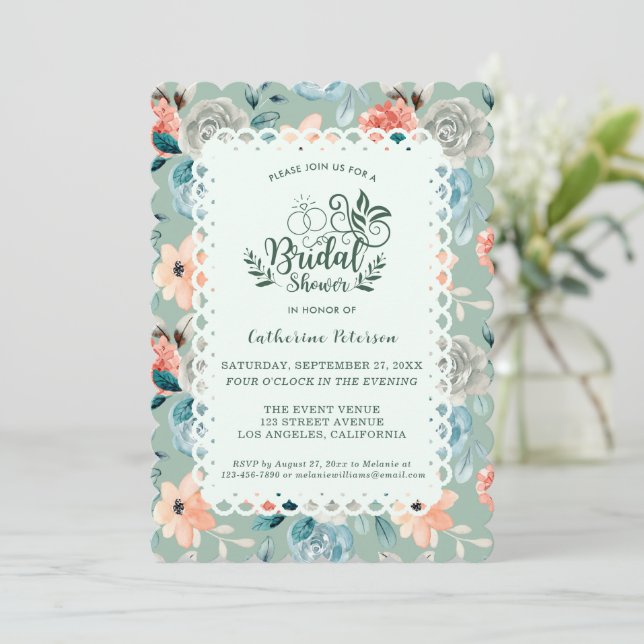 Sage Green Floral Lace Elegante Wedding Calligraph Einladung (Stehend Vorderseite)