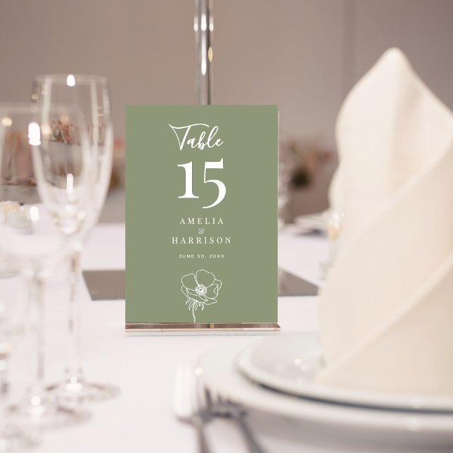 Sage Green Floral Mariage Petit numéro de table (Sage Green Floral Wedding Small Table Number with Line Art Flower.)