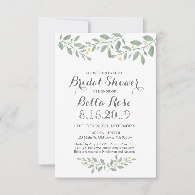 Sage Green Floral Minimalistisches Brautparty lade Einladung (Vorderseite)