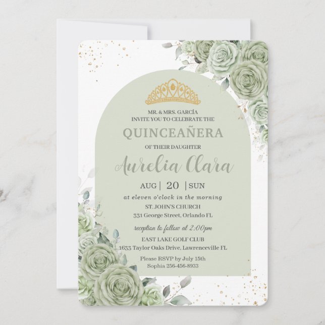 Sage Green Floral Modern Arch Gold Quinceanera Einladung (Vorderseite)