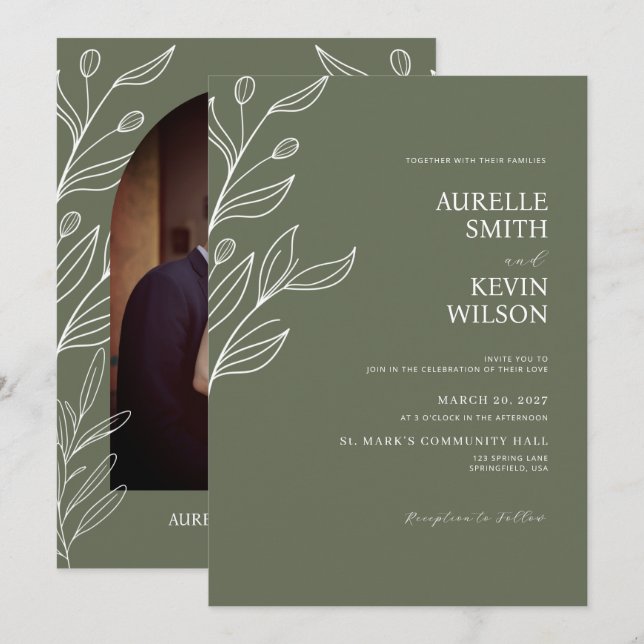 Sage Green Floral Modern Minimalist Wedding Einladung (Vorne/Hinten)