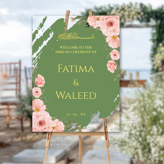 Sage Green Floral Muslim Nikkah Begrüßungszeichen Acrylschild (Von Creator hochgeladen)