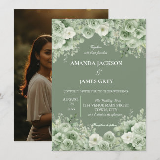 Sage Green Floral Photo Back Wedding  Einladung