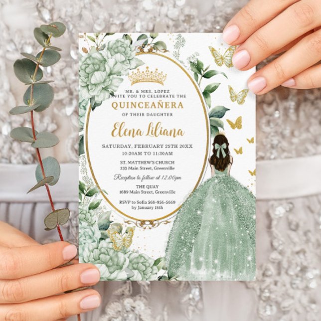 Sage Green Floral Princess Dress Gold Quinceañera Einladung (Von Creator hochgeladen)
