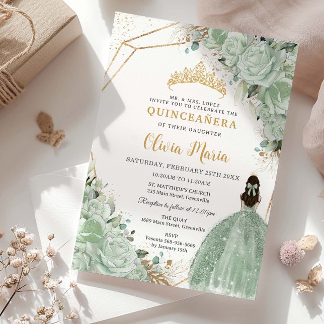 Sage Green Floral Princess Dress Gold Quinceañera Einladung (Von Creator hochgeladen)