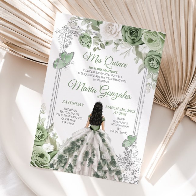 Sage Green Floral Princess Dress Silver Mis Quince Einladung (Von Creator hochgeladen)
