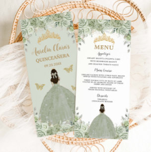 Sage Green Floral Princess Gold Quinceañera Menu