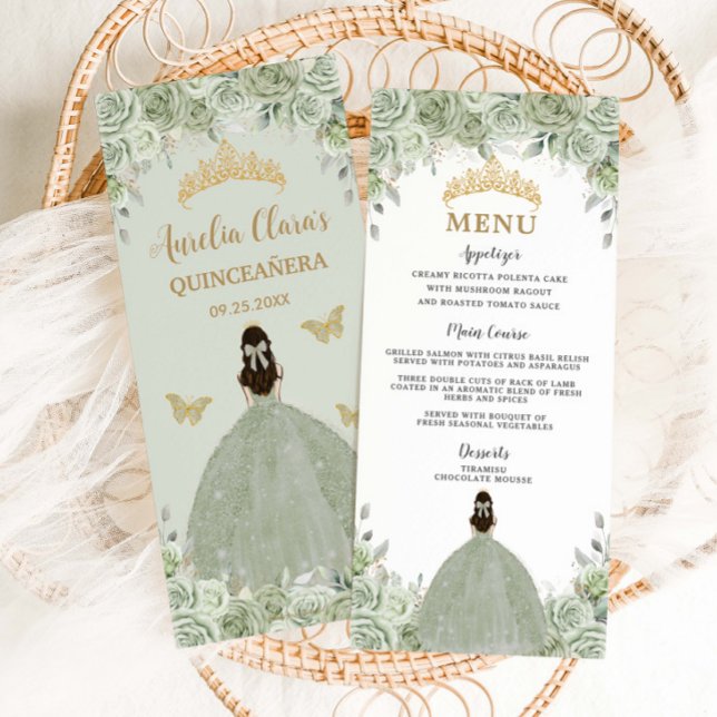 Sage Green Floral Princess Gold Quinceañera Menu (Créateur téléchargé)