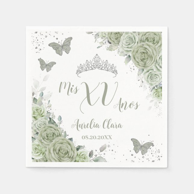 Sage Green Floral Quinceanera Birthday Schmetterli Serviette (Vorderseite)