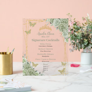 Sage Green Floral Quinceanera Cocktails Bar Menu