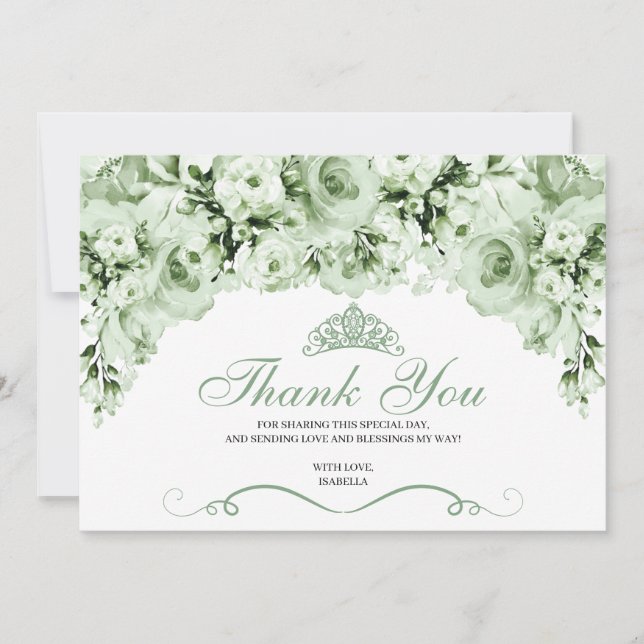Sage Green Floral Quinceanera Danke Karte (Vorderseite)