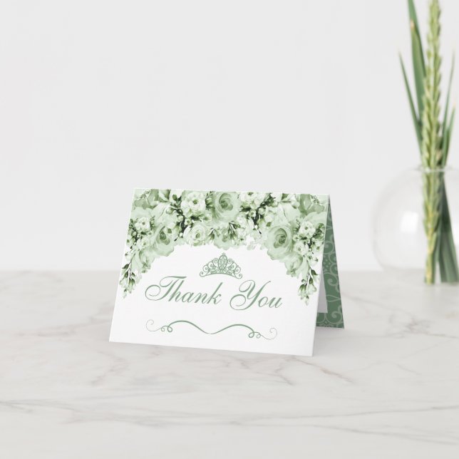 Sage Green Floral Quinceanera Danke Karte (Vorderseite)