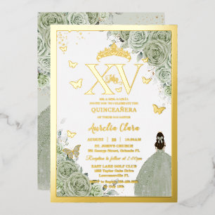 Sage Green Floral Quinceañera Quince 15 XV Gold Folieneinladung
