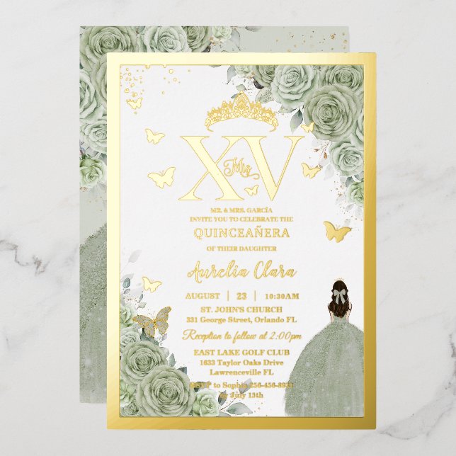 Sage Green Floral Quinceañera Quince 15 XV Gold Folieneinladung (Vorderseite/Rückseite)