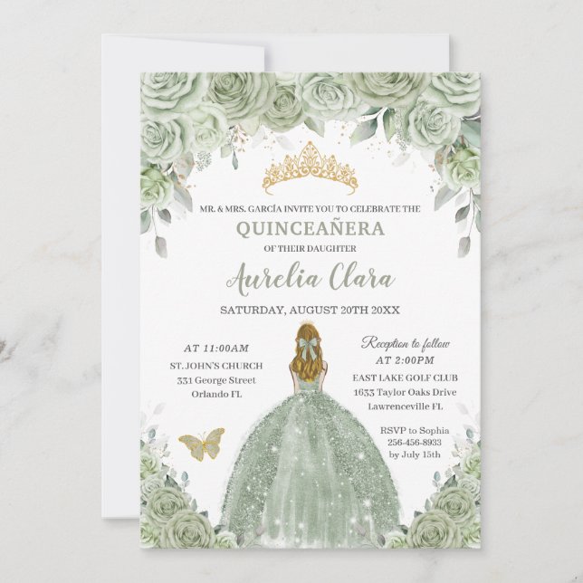 Sage Green Floral Rose Blonde Girl Quinceañera Einladung (Vorderseite)
