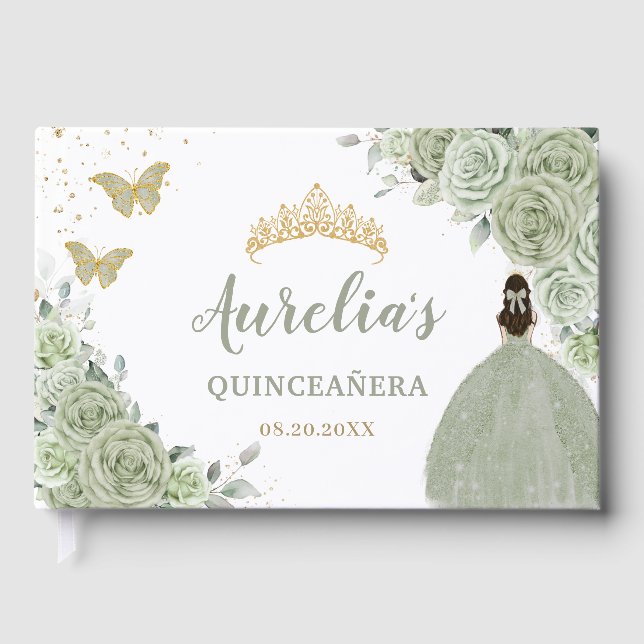 Sage Green Floral Rose Princess Gold Quinceañera Gästebuch (Vorderseite)