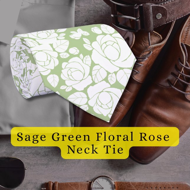 Sage Green Floral Rose White Neck Tie Krawatte (Sage Green Floral Rose White Neck Tie)