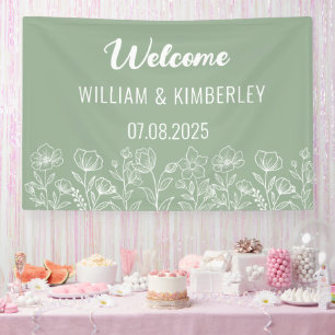 Sage Green Floral Rustic Simple Modern Wedding Banner