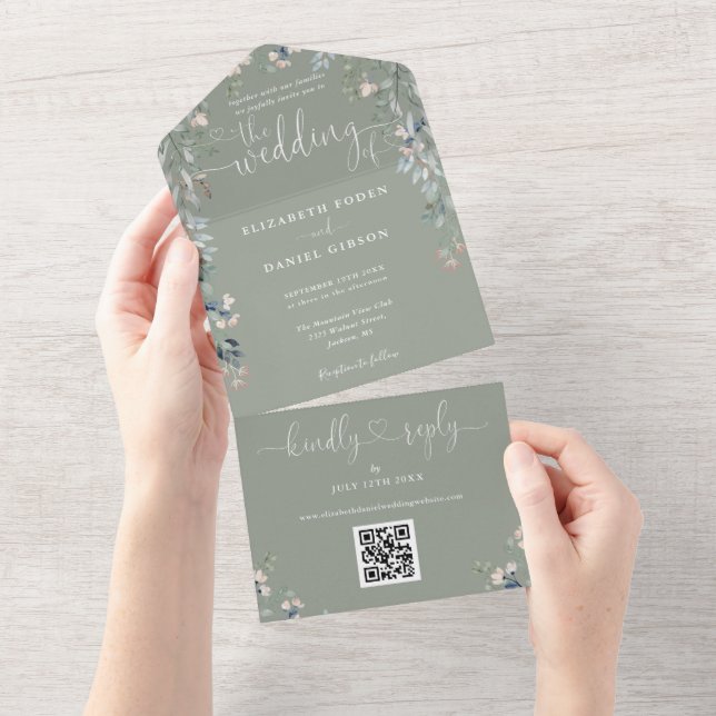 Sage Green Floral Script Hearts QR Code Hochzeit All In One Einladung (Abreißen)