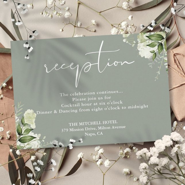 Sage Green Floral Script Hochzeitsempfang Begleitkarte (Sage Green Floral Script Wedding Reception Enclosure Card)