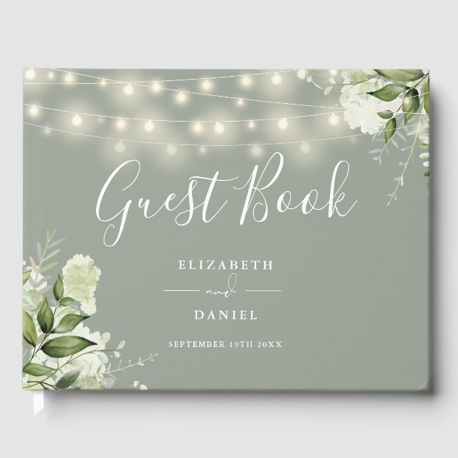 Sage Green Floral String Lights Photo Wedding Gästebuch (Vorderseite)