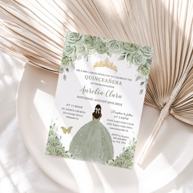 Sage Green Floral Tan Brown Princess Quinceañera Einladung (Von Creator hochgeladen)