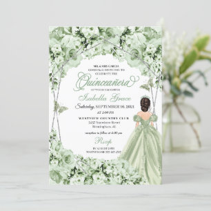 Sage Green Floral Tiara Princess Dress Quinceanera Einladung