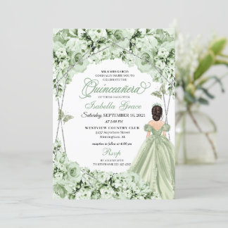 Sage Green Floral Tiara Princess Dress Quinceanera Einladung