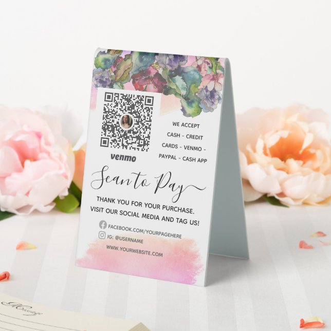Sage Green Floral Venmo QR Pay Hier unterzeichnen Tischaufsteller (In Situ (Hochzeit))