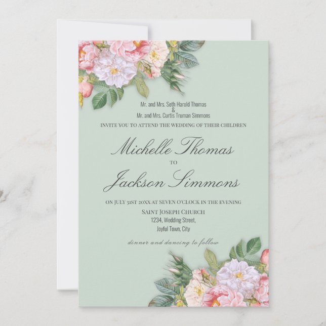 Sage Green Floral Vintag Romantische Hochzeit Einladung (Vorderseite)