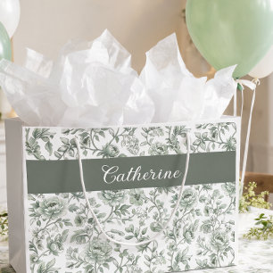 Sage Green Floral Vintage Toile Monogramm Name Große Geschenktüte