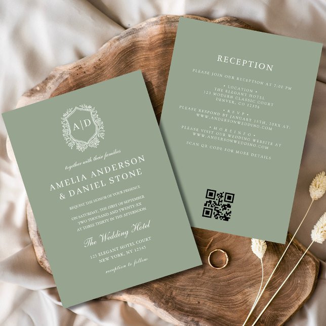 Sage Green Floral Wappen Monogram Wedding QR Code Einladung (Von Creator hochgeladen)