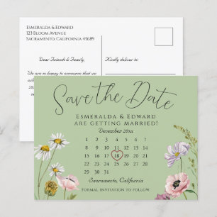 Sage Green Floral Wedding Calendar Save the Date Ankündigungspostkarte