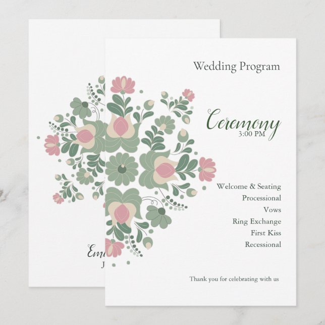 Sage Green Floral Wedding Ceremony Flat Program Programm (Vorne/Hinten)