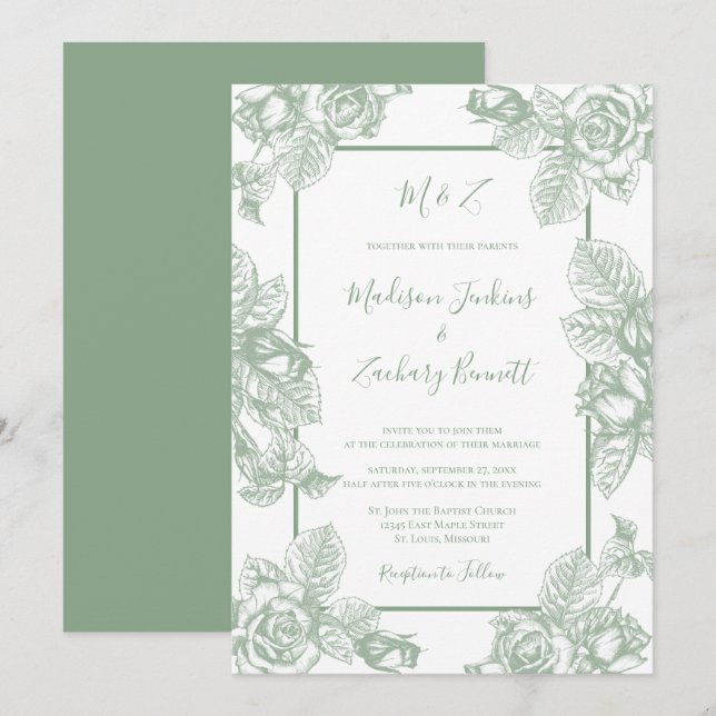 Sage Green Floral Wedding Einladung (Vorne/Hinten)
