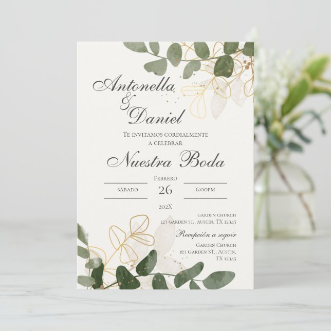 Sage Green Floral Wedding Einladung in Spanisch (Stehend Vorderseite)
