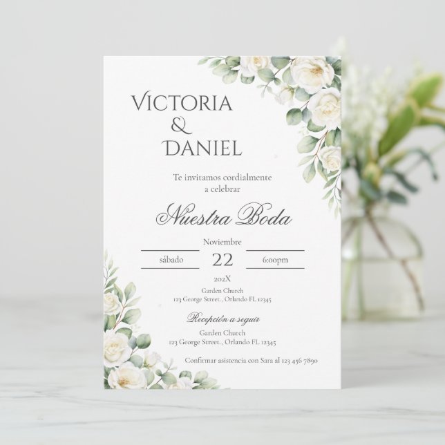 Sage Green Floral wedding invitation in Spanish Einladung (Stehend Vorderseite)
