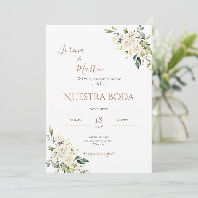 Sage Green Floral wedding invitation in Spanish Einladung (Stehend Vorderseite)
