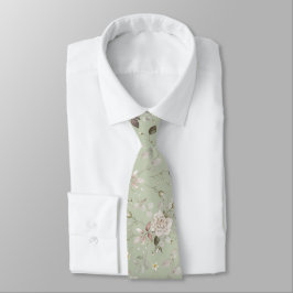 Sage Green Floral Wedding Tie with Vintage Roses Krawatte
