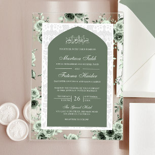 Sage Green Floral White Lace Arch muslimische Hoch Acryleinladungen