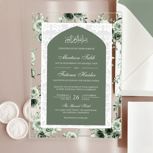 Sage Green Floral White Lace Arch muslimische Hoch Acryleinladungen (Von Creator hochgeladen)