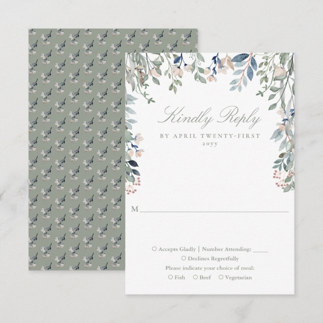 Sage Green Floral Wildblumen Hochzeit RSVP Karte (Vorne/Hinten)