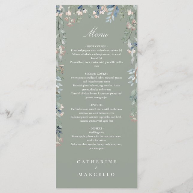 Sage Green Floral Wildblumen Hochzeitsessen Menükarte (Vorderseite)