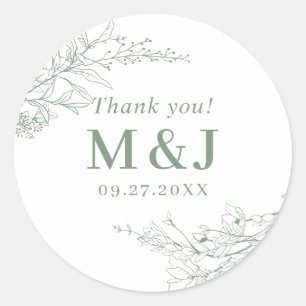 Sage Green Floral Wreath Monogram Vielen Dank Runder Aufkleber